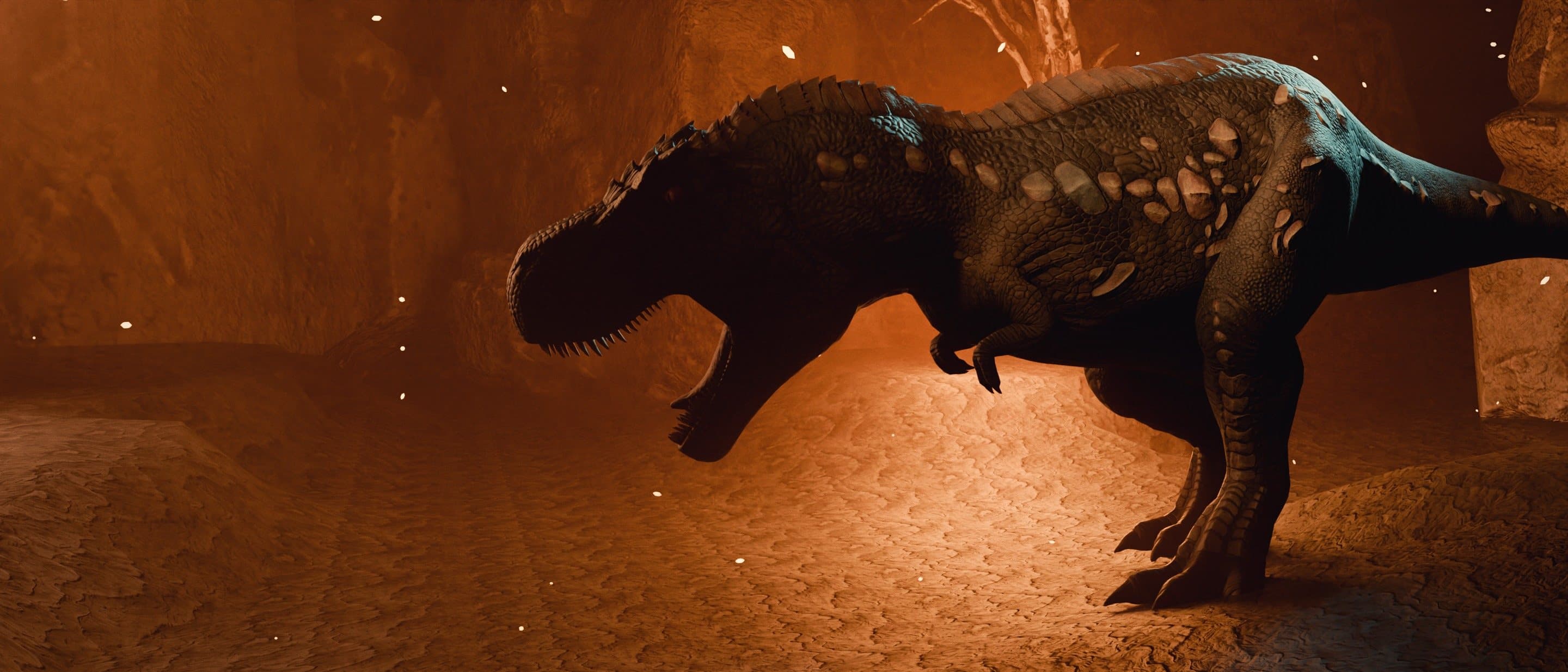 Tyrannosaurus roaring in a volcanic ash field