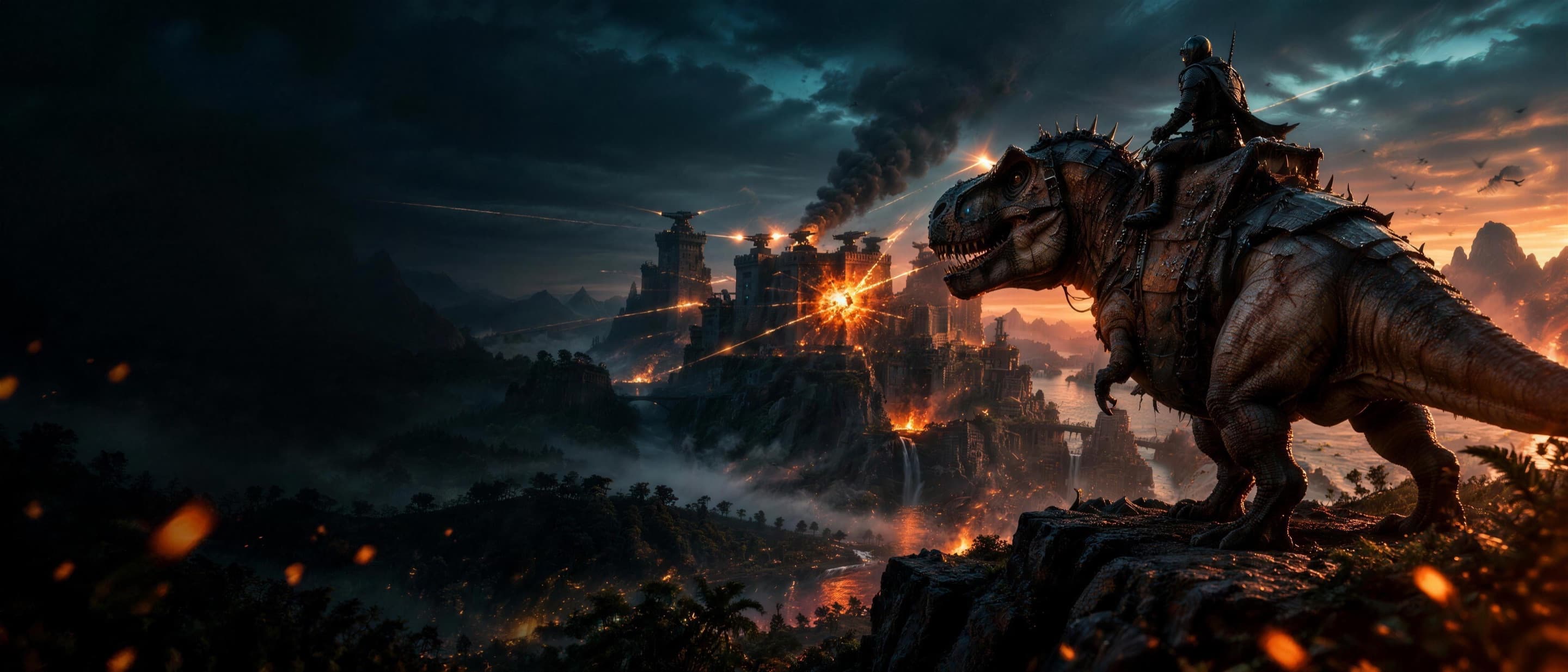 Armored tyrannosaurus overlooking a besieged fortress