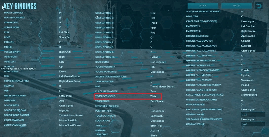 ARK Key Bindings screen with Toggle Console highlighted